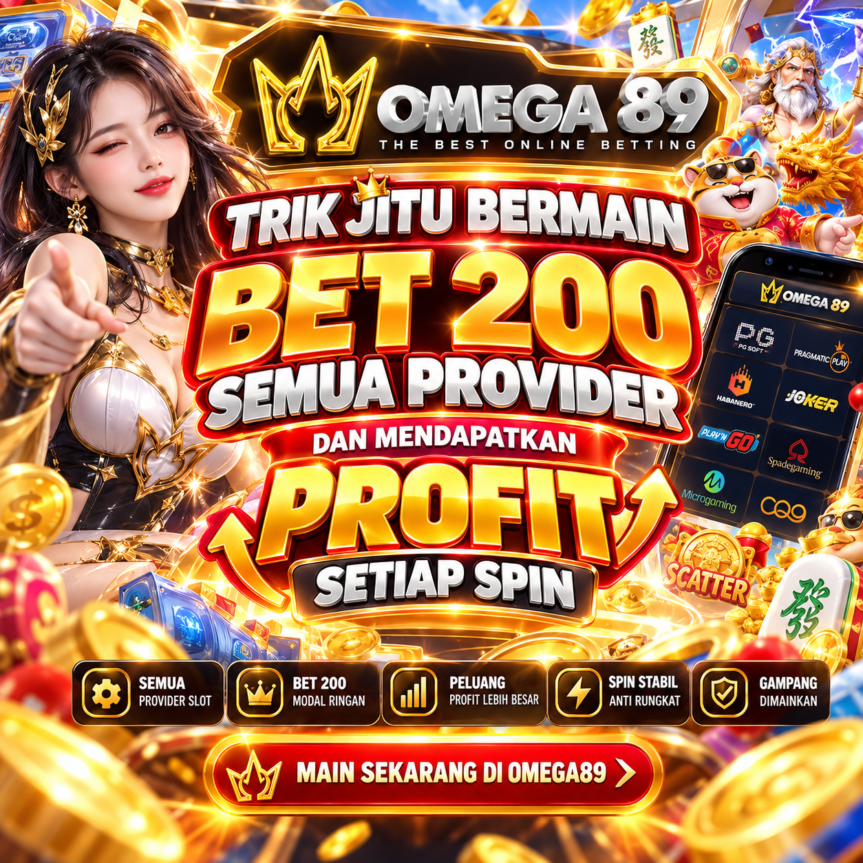 Ikon OMEGA89 pada menu trik bet 200